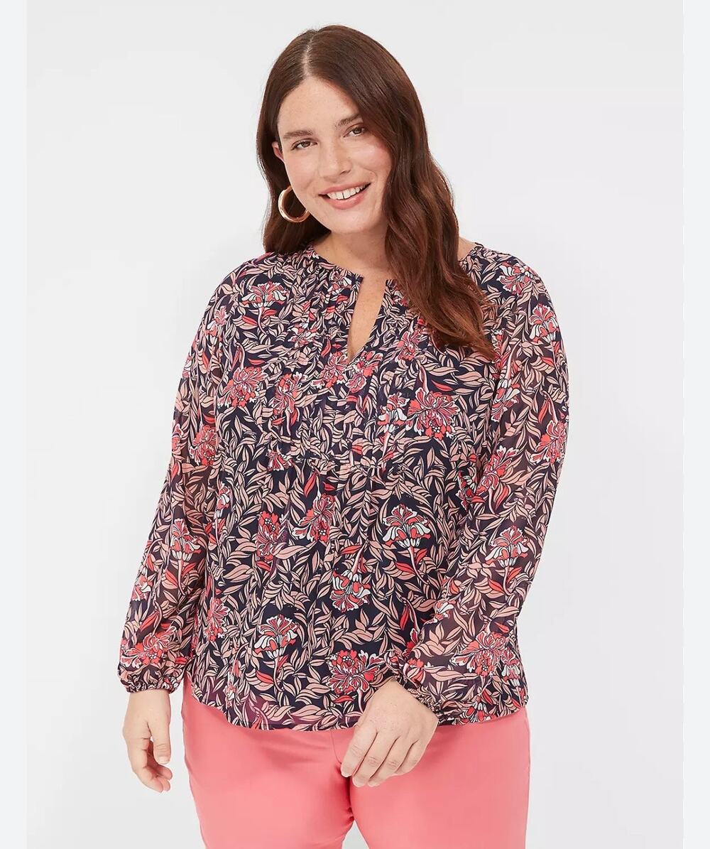 Lane Bryant Pin-Tuck Crew-Neck Blouse Plus Size 20 Pink Coral Floral